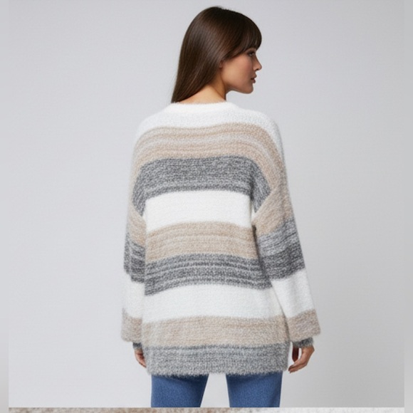 Color Block Drop Shoulder Open Front Fluffy Knit Cardigan - Picture 4 of 7